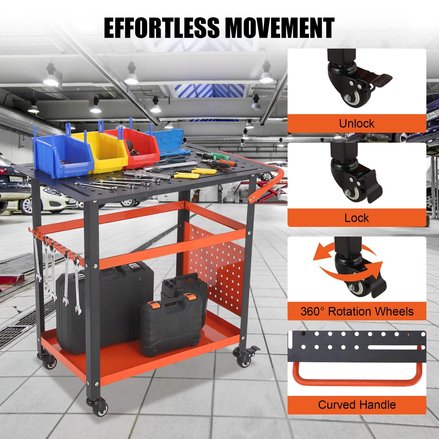 GarveeLife 36"X24" Welding Table with Wheels & Storage,Professional Heavy Duty Steel Welding Bench with Pegboard, Portable Mobile Welding Table for Hobbyist Workshop Orange