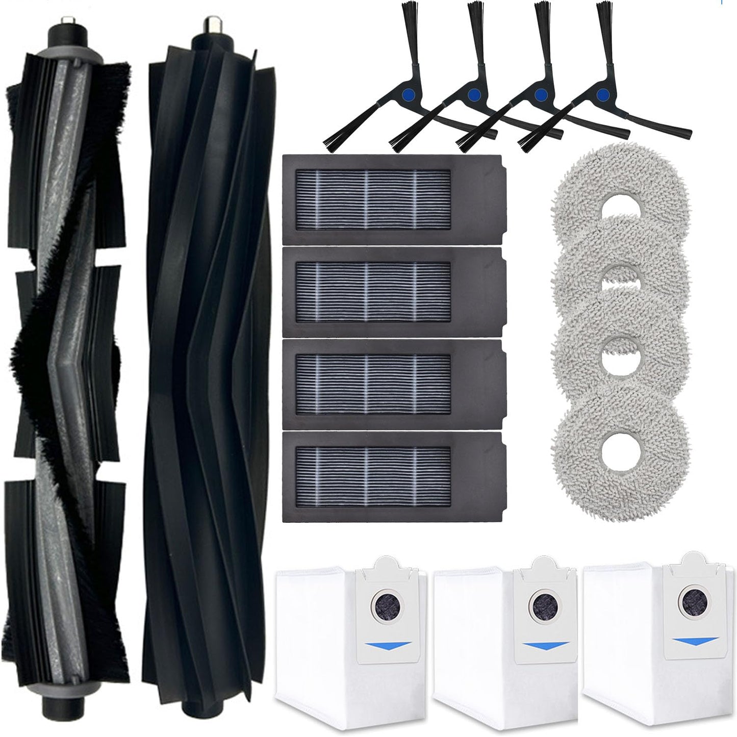 Spare Parts Accessories Kit Compatible With ECOVACS DEEBOT X2 Omni Vacuum Cleaner.1 Main Rubber Brush,1 Normal Main Brush,4 Side Brush,4 Hepa Filters,4 Mop Pads,3 Dust Bags (17 Pack-Black)