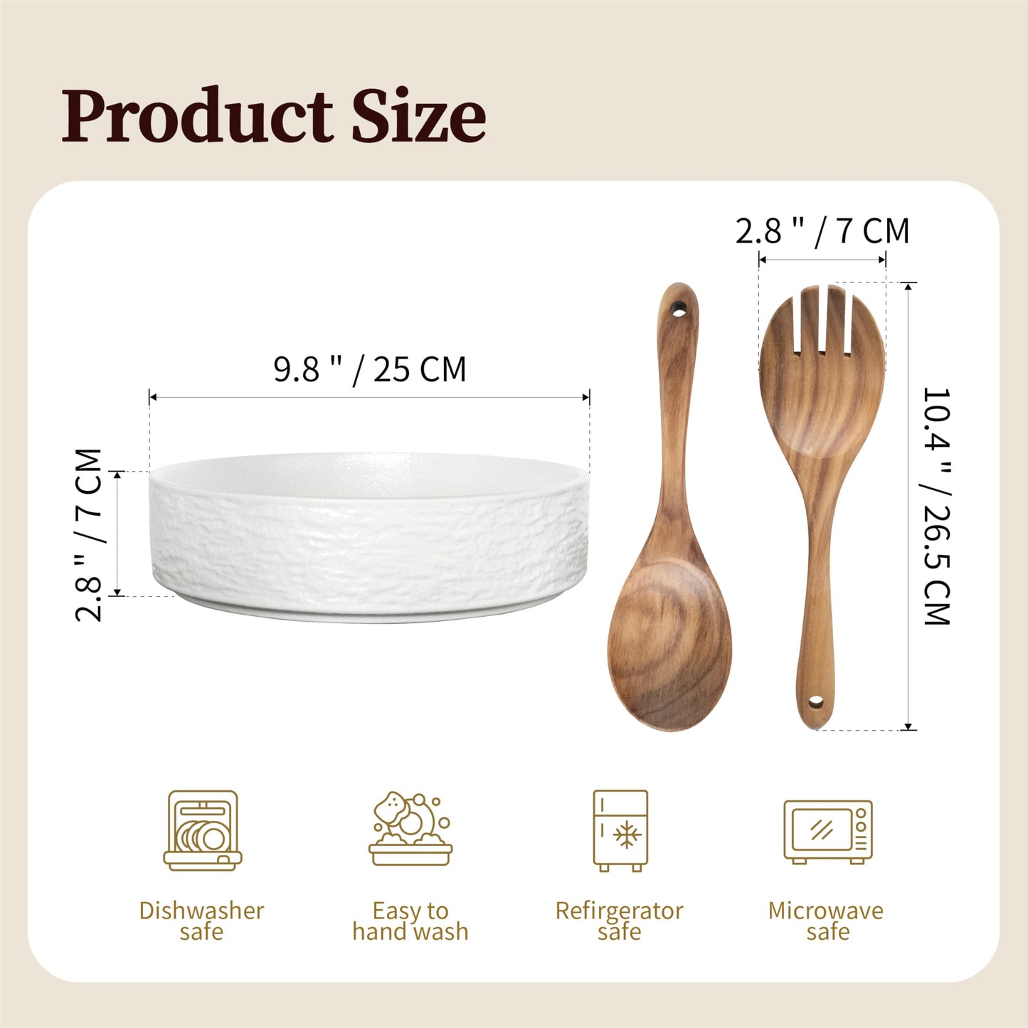 seicasaya 10 Inch Ceramic Salad Bowl with Acacia Wood Serving Spoon and Fork Set High Temperature Fired Stone Texture Large Serving Bowl for Pasta Fruit Popcorn Modern Centerpiece Bowl (White)
