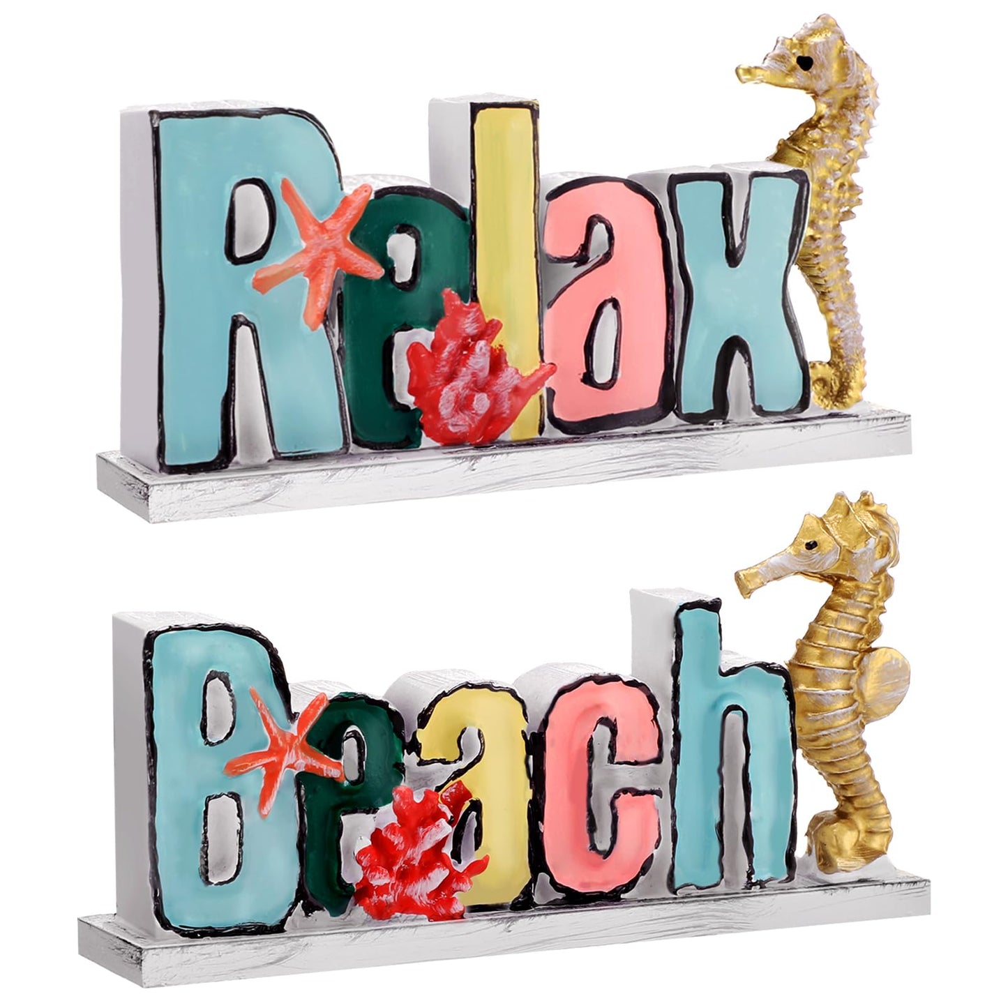 Novabright 2 Pcs Resin Beach Relax Sign, 3.9" Beach Decorations for Home with Seahorse Starfish Coastal Tabletop Figurines for Bathroom Desk Shelf Ocean Theme Home Decoration