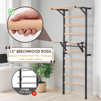 Morohope Solid Beechwood Stall Bar, 90" Swedish Ladder Wall Gym with Pull-up Bar & Dip Station, 220lbs Capacity Wall Mounted Gymnastics Ladder for Home Gym Training, Stretching & Bodyweight Exercise