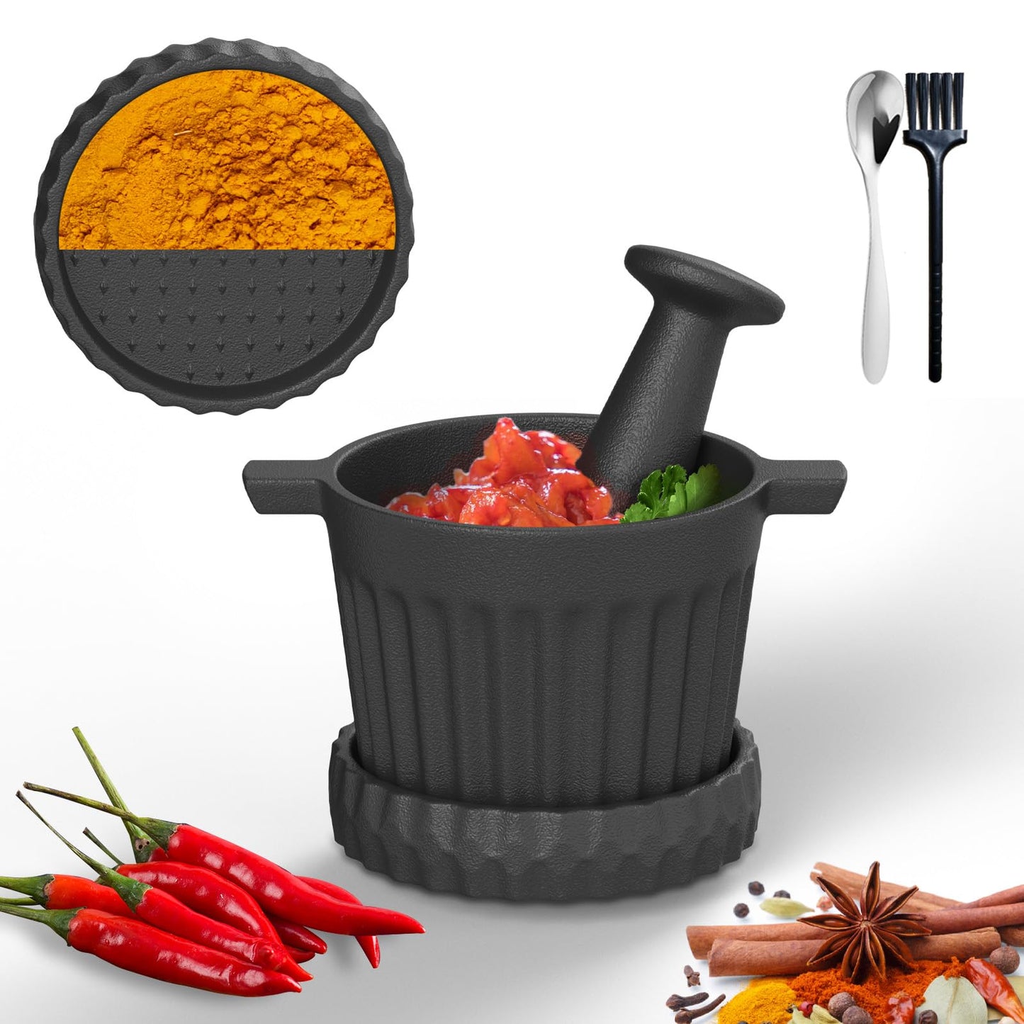 Aurionix Cast Iron Mortar and Pestle & Garlic Grater Plate Set, Guacamole Bowl and Masher with Bonus Brush/Spoon, Small Mortar and Pestle Set 3-in-1 Crushing Smasher for Kitchen Spices and Pesto