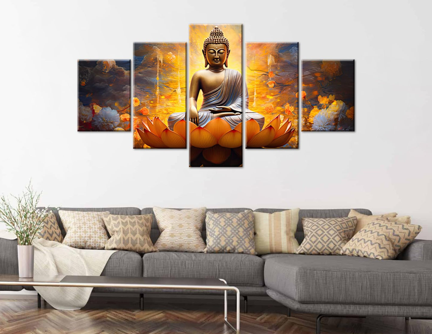 DJSYLIFE Gold Buddha Wall Art for Living Room Large 5 Piece Zen Photo Picture HD Canvas Print Paintings for Yoga Room Home Decor Modern Artwork Framed Ready to Hang Decorations (60" W x 32" H)