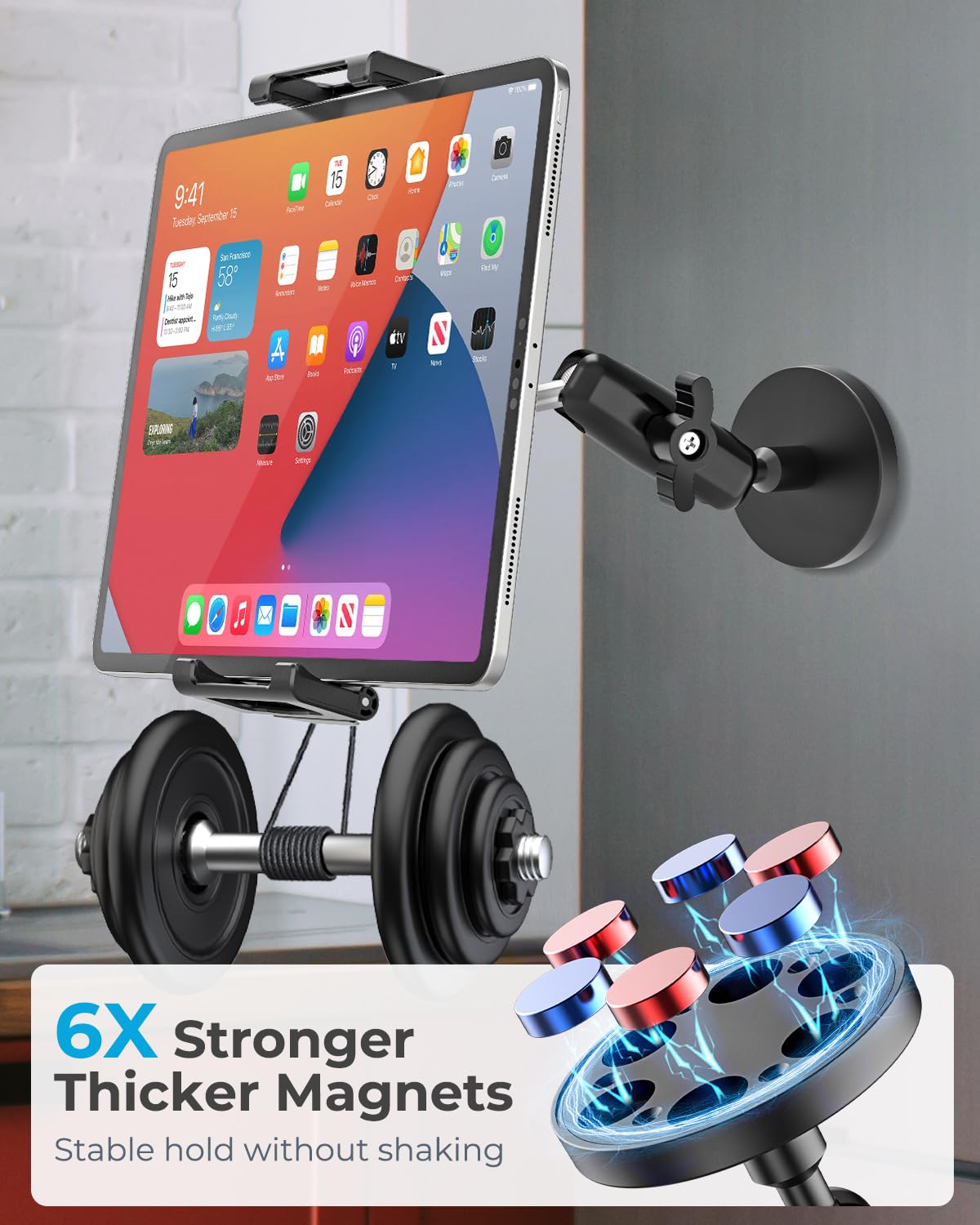 INSSKY Magnetic Holder for All 6.1-15.6'' Tablets, Fit for Fridge, Gym, Metal Surfaces, [Adjustable Arm] Magnet Tablet Mount Compatible with iPad Pro/Air/Mini, iPhone, Galaxy, and Thickness Tablet