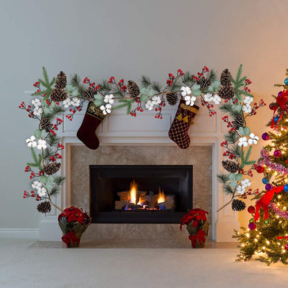 Artificial Christmas Pine Garland with Berries Pinecones Spruce Eucalyptus Leaves Cotton Balls Winter Greenery Garland for Holiday Season Mantel Fireplace Table Runner Centerpiece Décor 6 feet