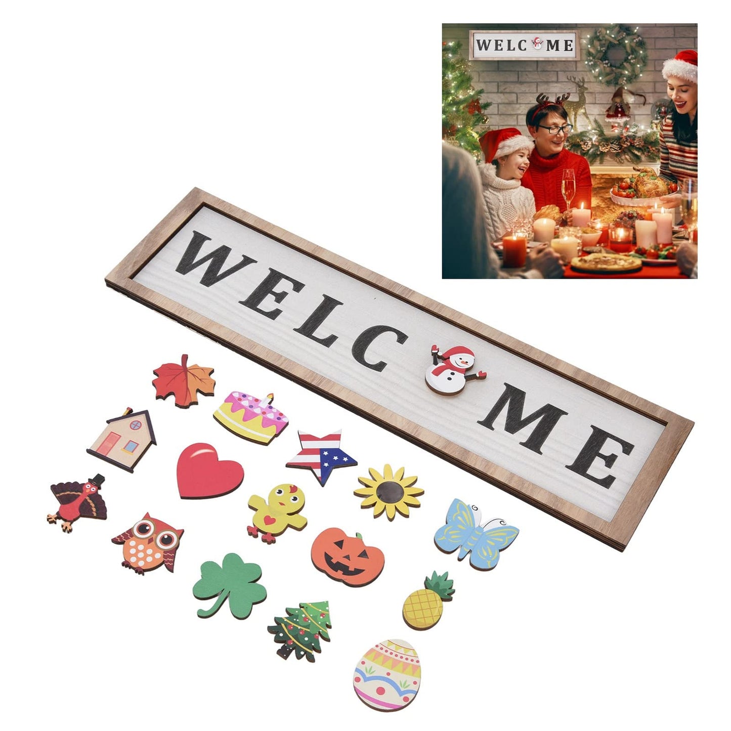 Holiday Interchangeable Welcome Sign for Front Door Christmas Wood Porch Sign with 16 Pcs Seasonal Icons Home Farmhouse Xmas Welcome Outdoor Festival Seasonal Decoration