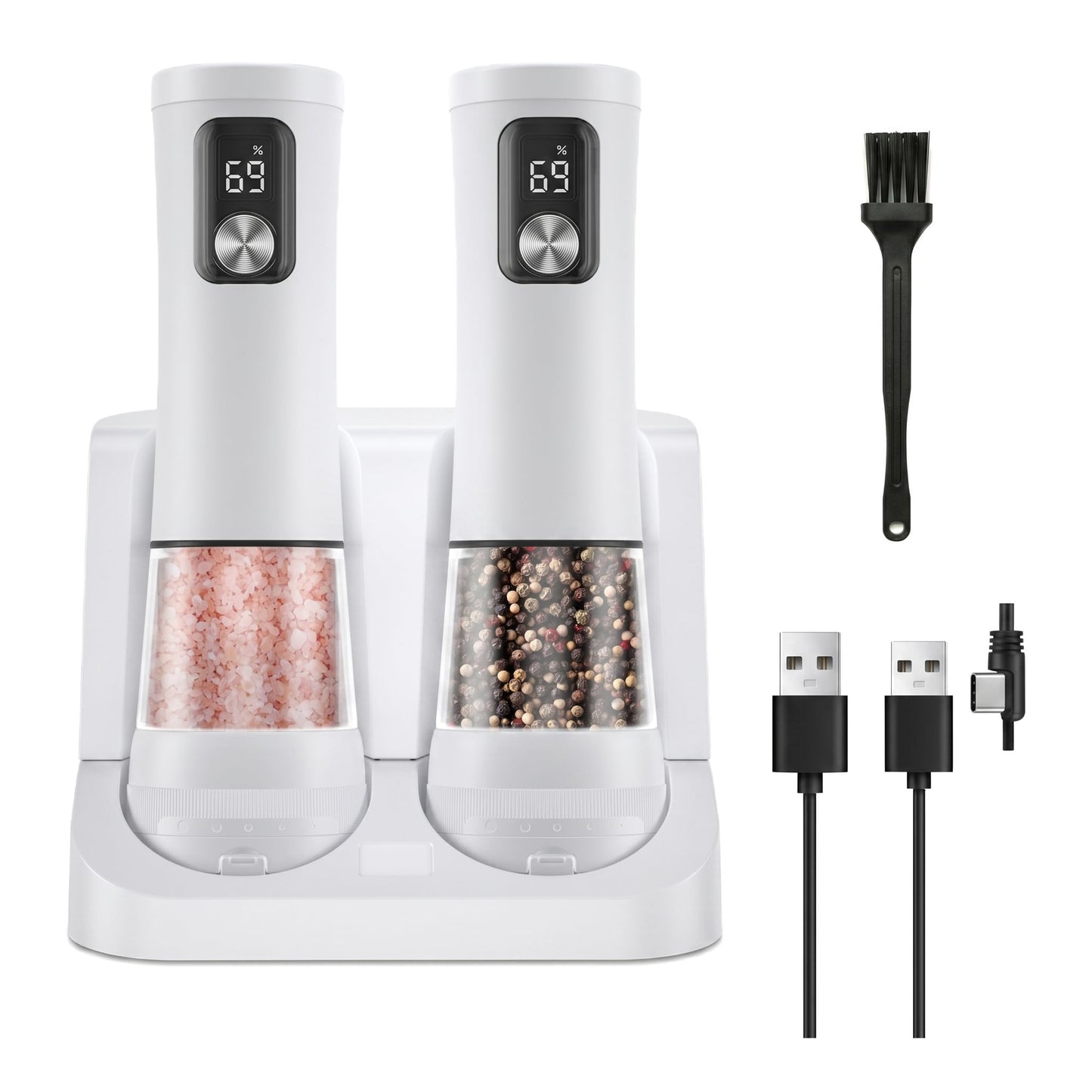 Electric Salt and Pepper Grinder Set, Rechargeable Automatic Pepper Mill with Base,Display, LED Lighting, Large Capacity-Ideal for Kitchen, BBQ Gifts (2, White(27C))