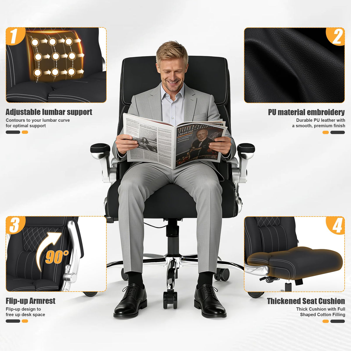 Ergonomic Leather Office Chair with Adjustable Lumbar Support, Flip-Up Armrests Desk Computer Chair, Swivel PC Chair with Rocking Function