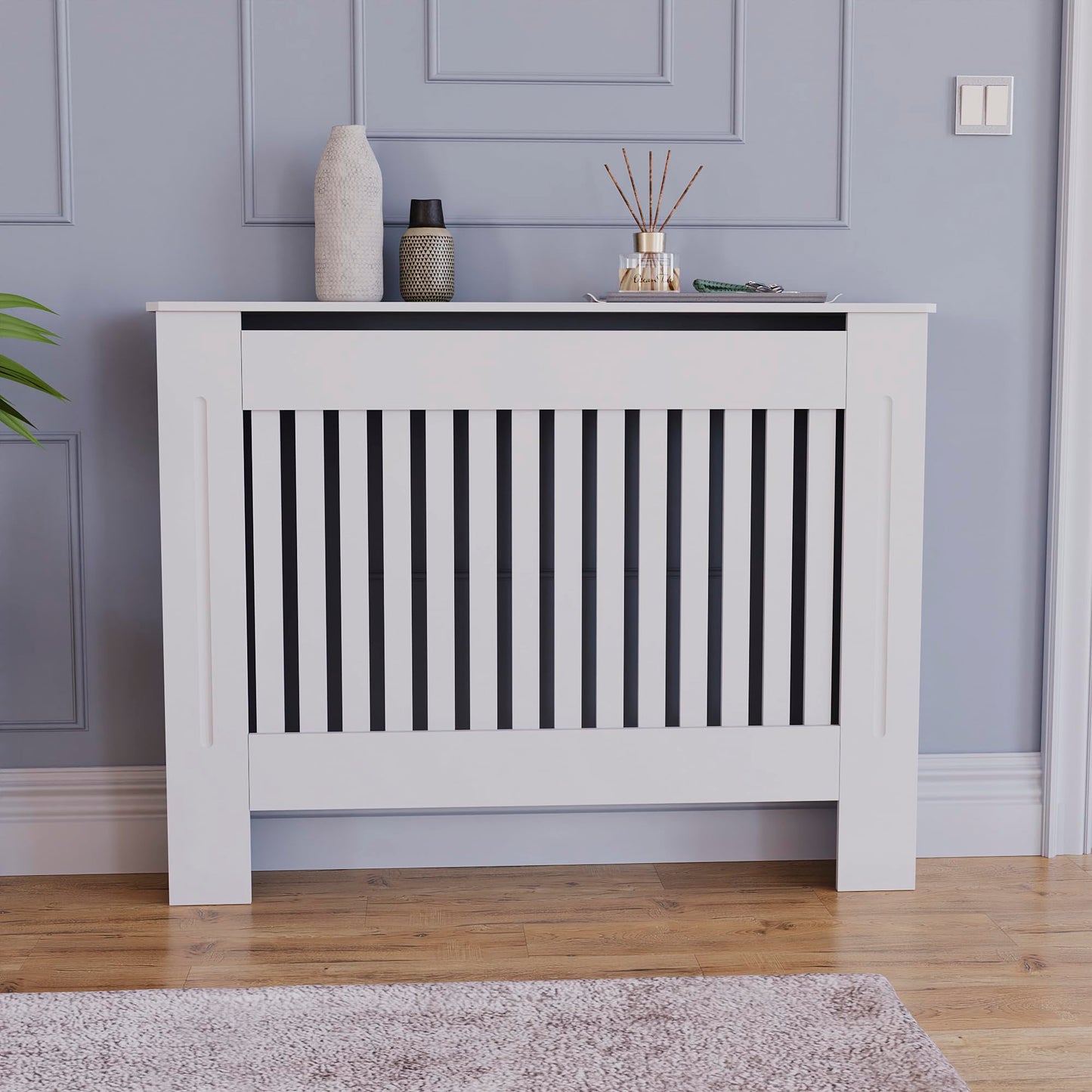 Vida Designs Chelsea Radiator Cover With Modern Slats White Decorative Heater Cover with Shelf, Medium, (H: 82 / W: 112 / D: 19 cm)