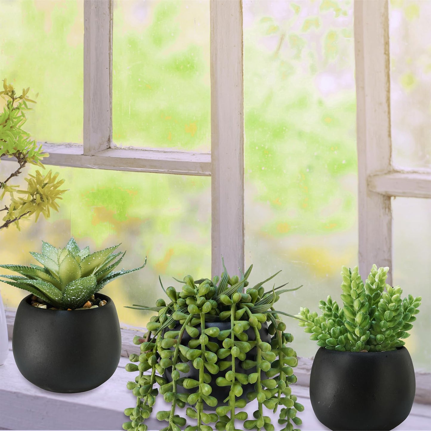 Winlyn Set of 3 Artificial Succulents Plants in Black Cement Planters Faux Potted Plants Aloe String of Pearls Donkey Tail Small House Plants 5" Tall for Table Shelf Home Office Bathroom Living Room