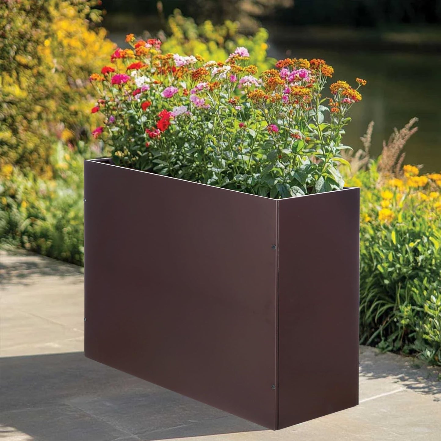 BAYN Metal Rectangular Planter Box Tall Planters for Outdoor Plants Modern Heavy Duty with Drainage Holes for Outside Indoor Patio Deck - Brown, 32”x 12”x 24”