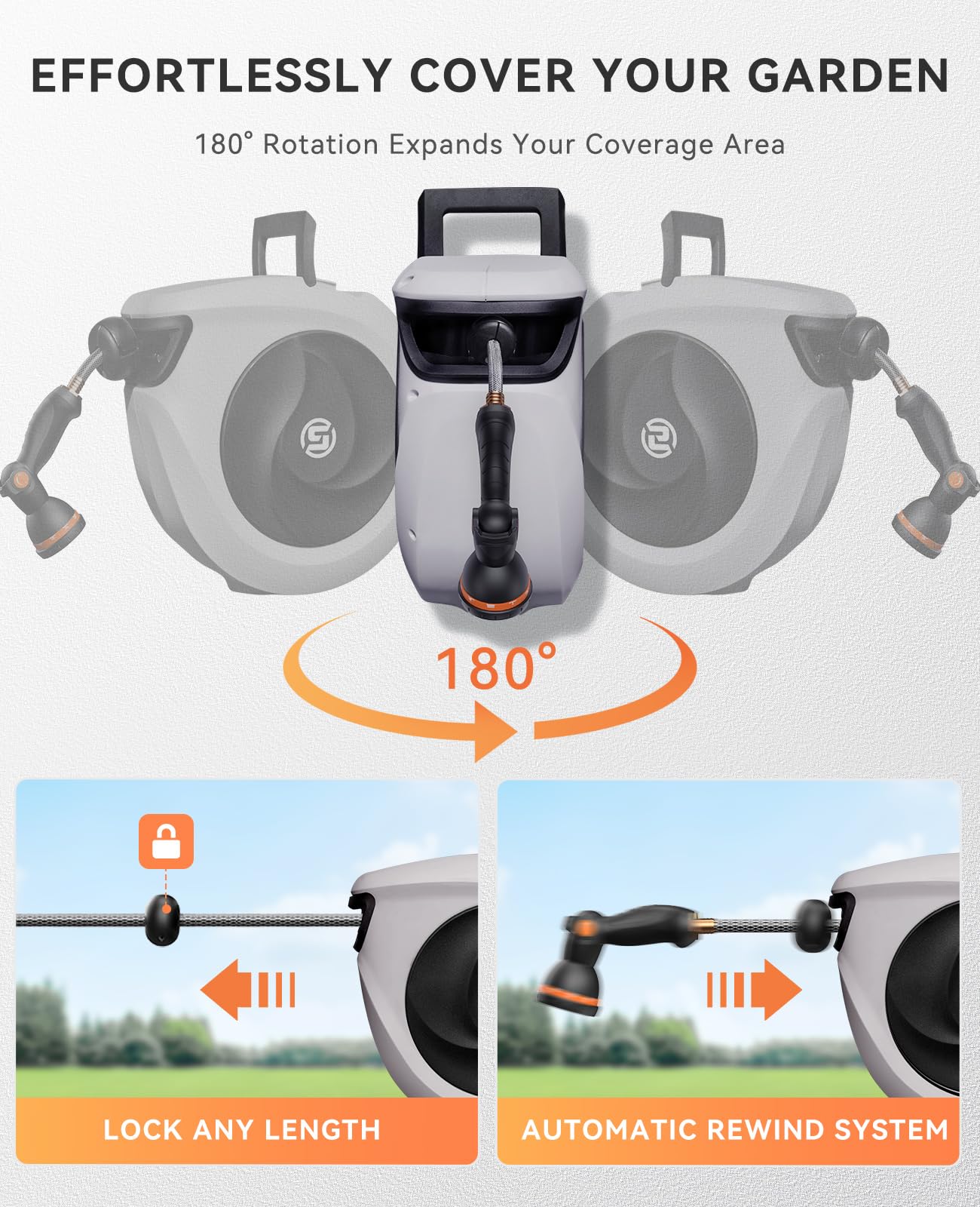 SUNPOW Retractable Garden Hose Reel 1/2 Inch x 33ft - Wall Mounted Hose Reel with 3/4 Inch Brass Fittings & 10-Pattern Nozzle - Auto Rewind System, Any Length Lock, 180° Swivel Bracket