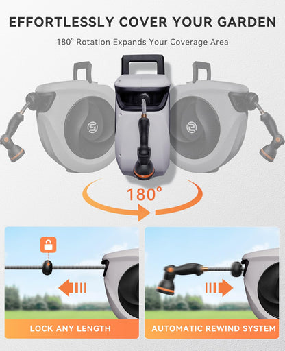 SUNPOW Retractable Garden Hose Reel 1/2 Inch x 33ft - Wall Mounted Hose Reel with 3/4 Inch Brass Fittings & 10-Pattern Nozzle - Auto Rewind System, Any Length Lock, 180° Swivel Bracket