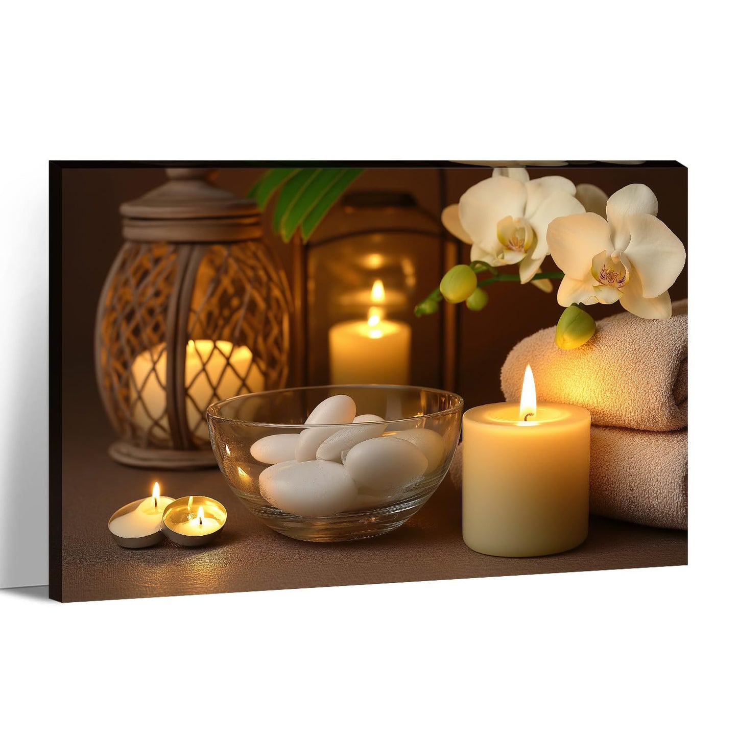 KPLUNDO Zen Canvas Wall Art - Candle with Spa Stones on Wood Table Picture Orchid Painting Prints Meditation Relax Artwork for Bathroom Yoga Spiritual Room Decor Frame(16.00x24.00 inch)