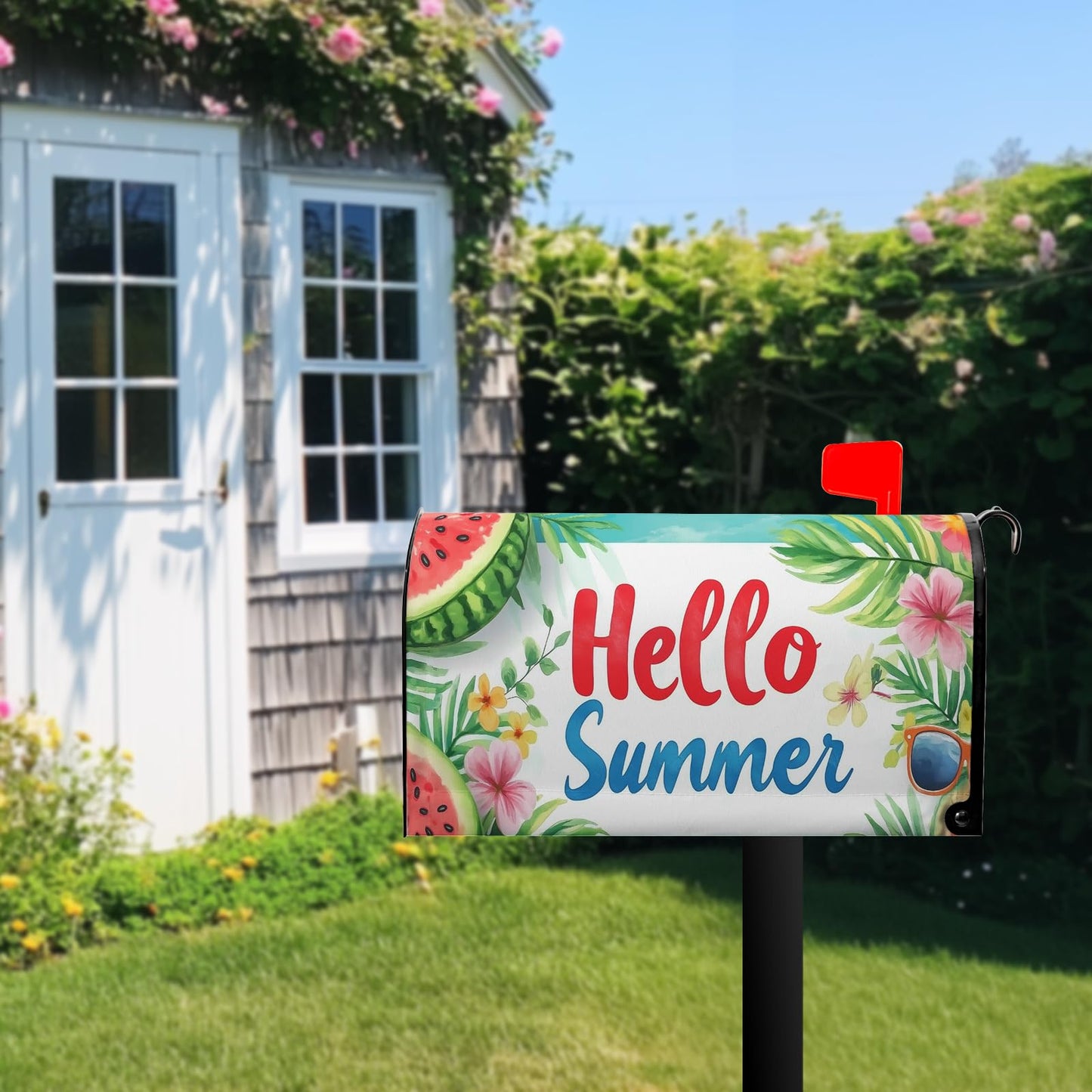 Summer Watermelon Mailbox Covers Magnetic Tropical Plants Flowers Mailbox Cover Standard Size 21 x 18 Inch Ocean Beach Blue Mail Box Wraps for Farmhouse Garden Yard Decor
