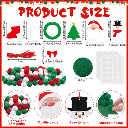 Realspring 24 Sets Christmas Pom-poms Craft Kit DIY Pom Pom Ornament Craft Bulk Christmas Tree Snowman Stockings Santa Wreath Candy Canes Xmas Poms Decor Fun Home Activity Classroom Party