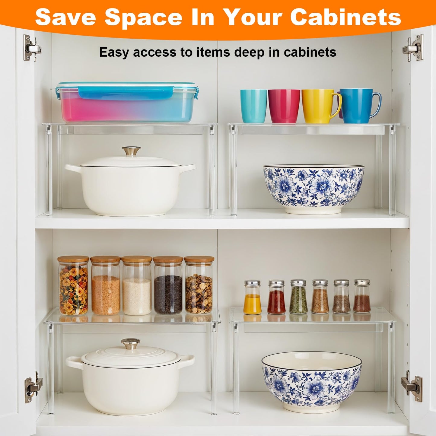 Afcabakila 4 Pcs Clear Acrylic Cabinet Organizer Shelves, Stackable Spice Rack & Shelf Riser for Kitchen Pantry, Countertop, Bathroom, Desk & Cupboard Storage, Versatile Display Organizer for Makeup