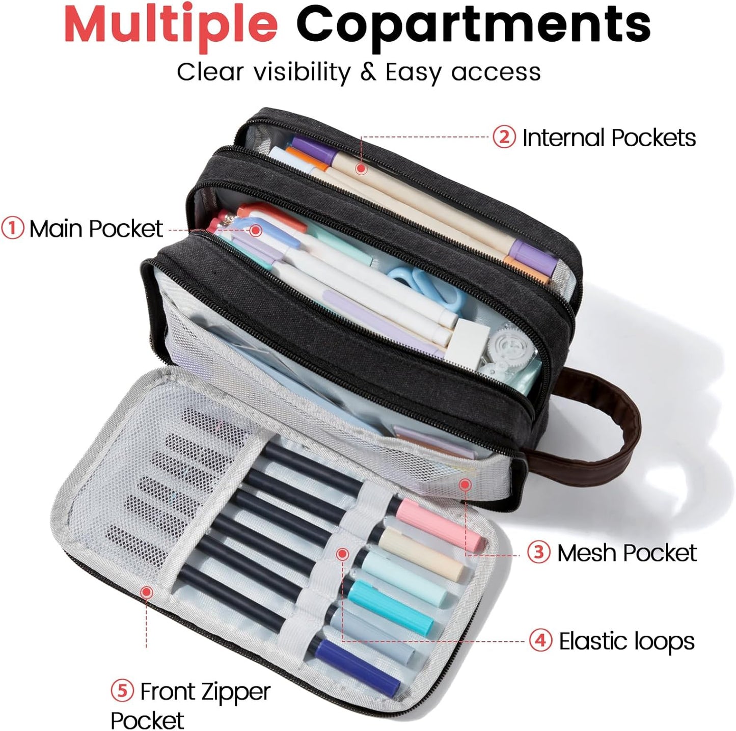 Sooez Large Pencil Case Pouch, Extra Big Pencil Pouch Pencil Bag with PU Handle & Zipper, Sturdy Pen Case with 3 Compartments, Aesthetic School College Supplies Organizer for Men Women Boys, Dark Gray