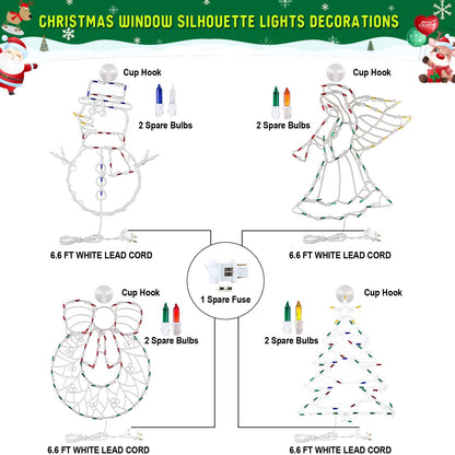 Christmas Window Silhouette Lights Decorations Pack of 4 Lighted Snowman, Trumpeting Angel, Wreath, Christmas Tree Christmas Window Lights with 50 Bulbs for Holiday Indoor Wall Door Glass Decorations
