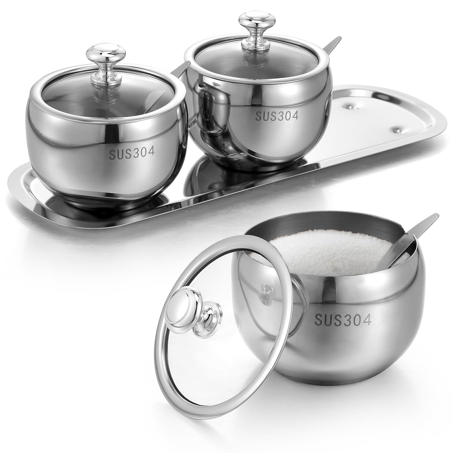 JOUTYFOR 3 Grids 304 Stainless Steel Seasoning Containers Set with Lid Spoon and Tray, Condiment Jar Spice Container, Condiment Canisters Pots for Serving Sugar, Pepper, Salt, Spice