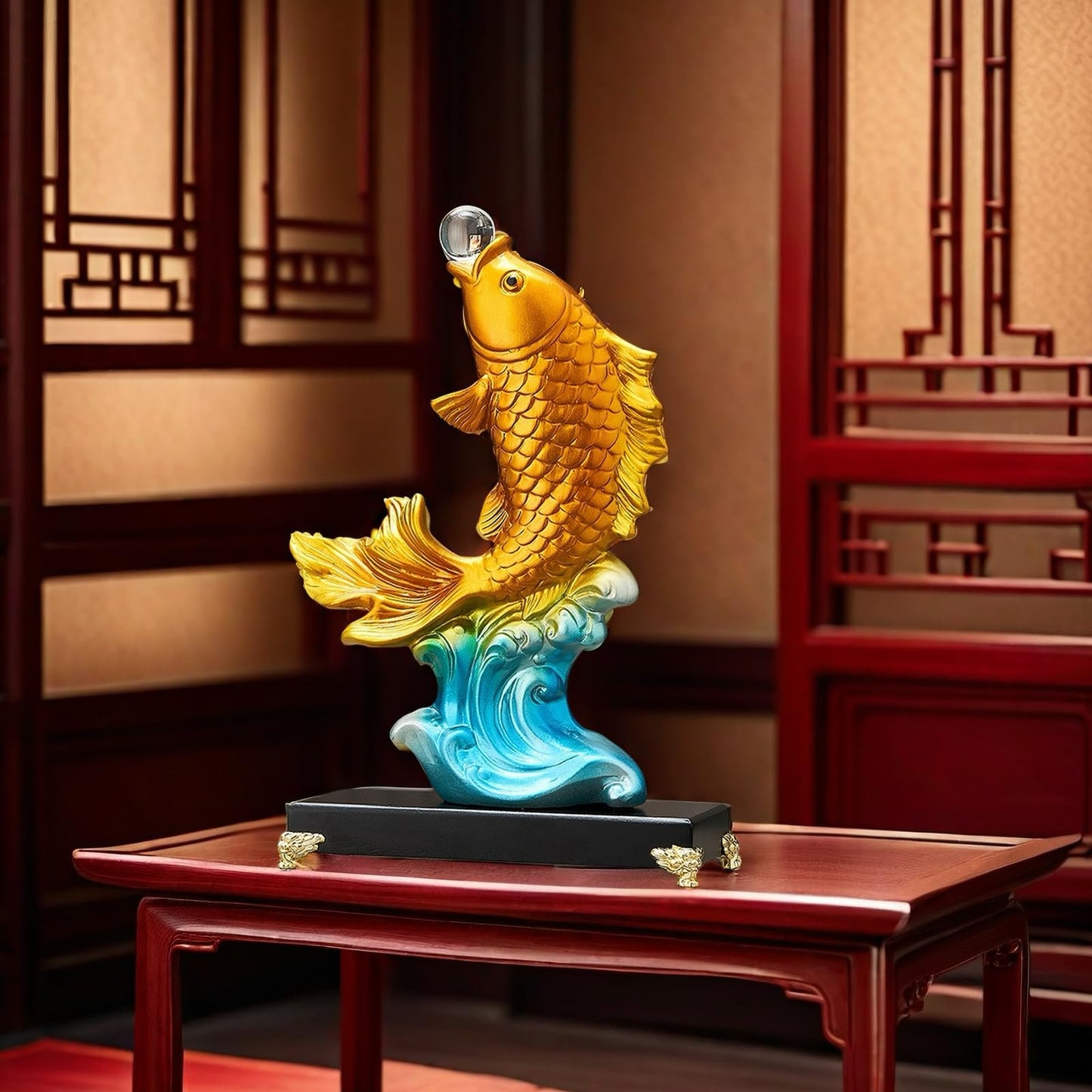 FUNSXBUG 13.3 Inch Large Chinese Feng Shui Fish Statue Sculpture Collectible Figurine Feng Shui Decor Home Office Decoration Tabletop Decor Ornaments Good Lucky Gifts (Gold)