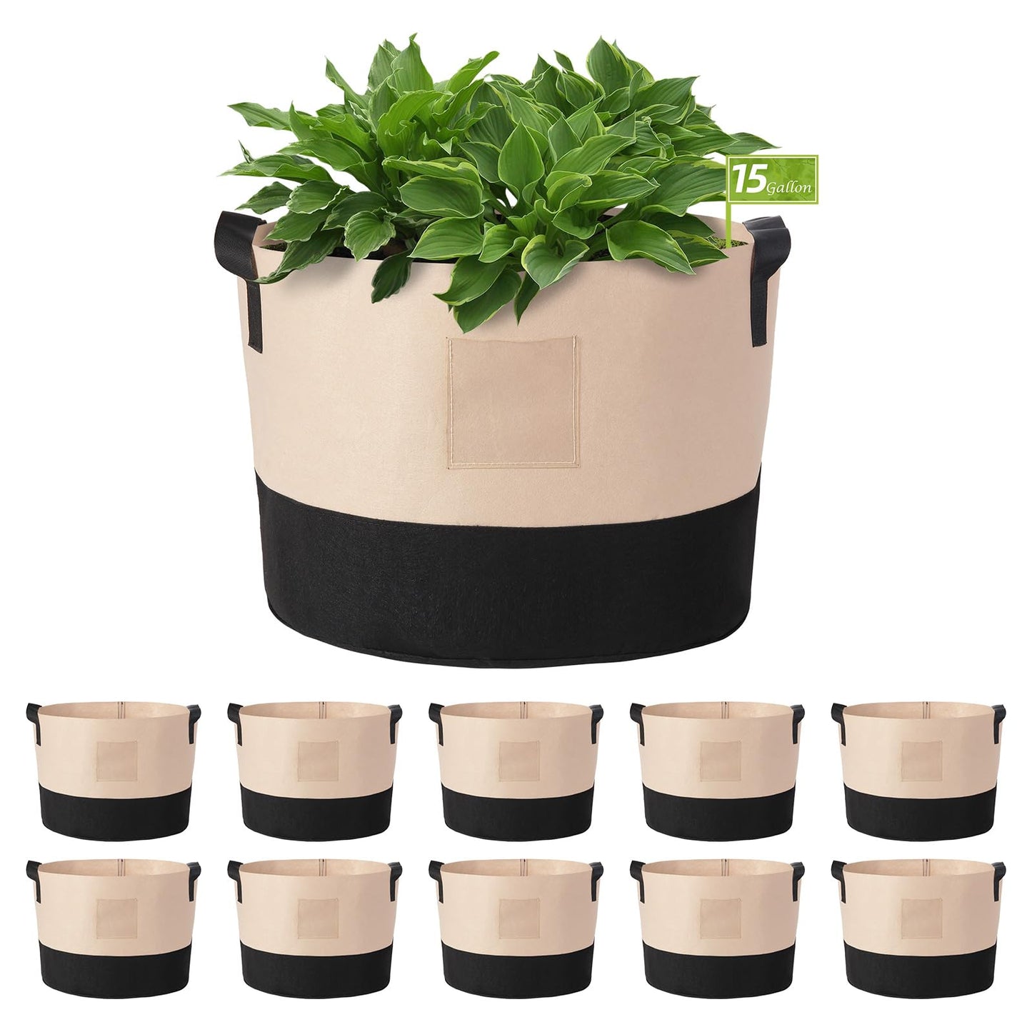 LITLANDSTAR 15 Gallon Fabric Grow Bags, 10 Pack Heavy Duty Thickened Nonwoven Plant Grow Bags with Handles and Label Bags, Fabric Plant Pots for Growing Vegetables Flowers Herbs (Black Mixed Camel)