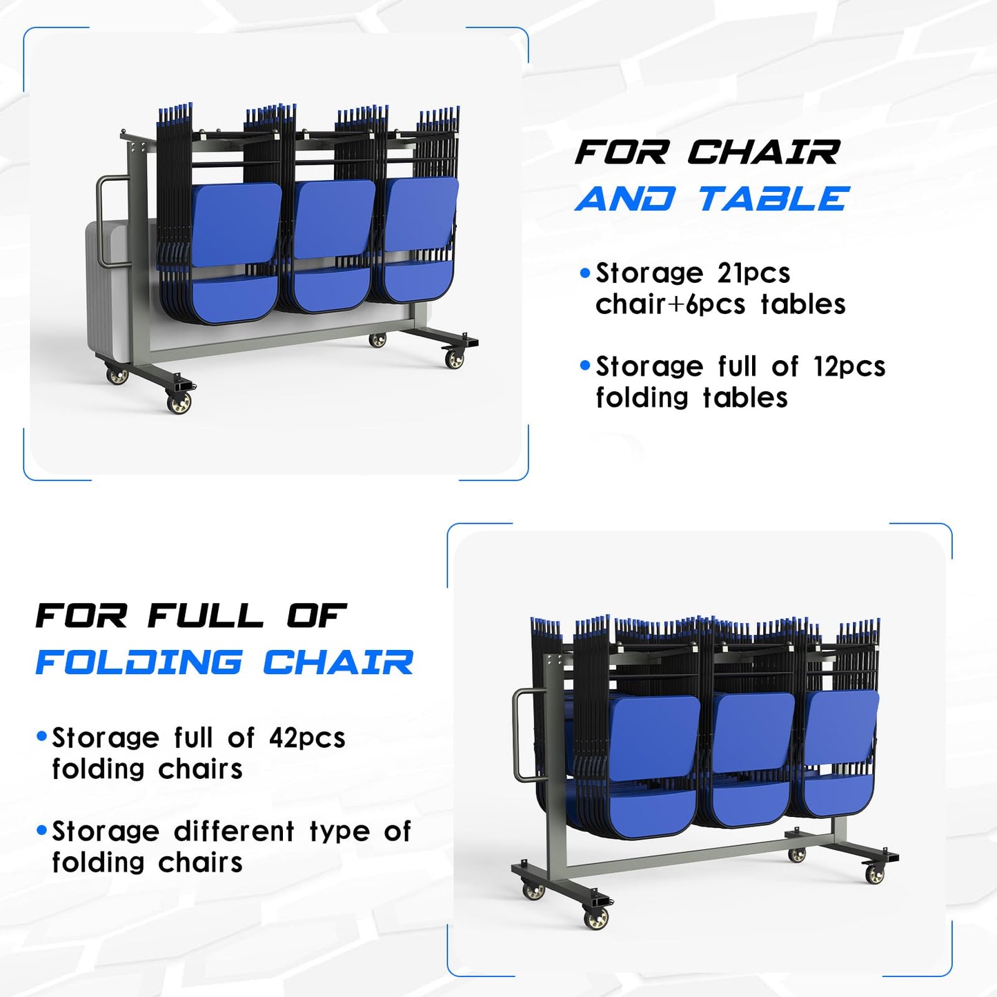 Grey Folding Chair and Table Cart-400LBS Weight Capacity Folding Chair Dolly with 4In Swivel Wheels Make Storing and Transporting Chairs Easy Chair Storage Rack with Straps and Cover to Space Saving