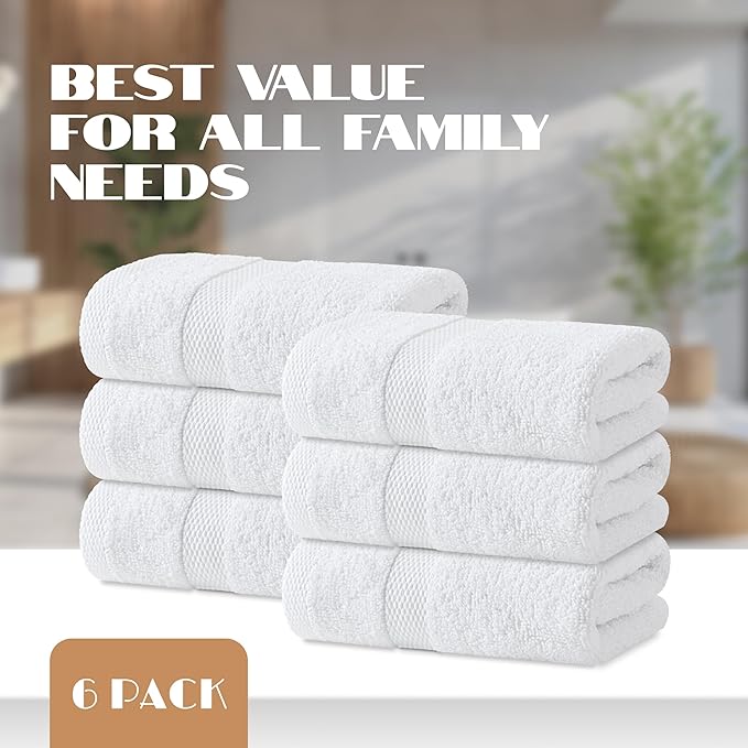 White Hand Towels Set for Bathroom, 6 Pack