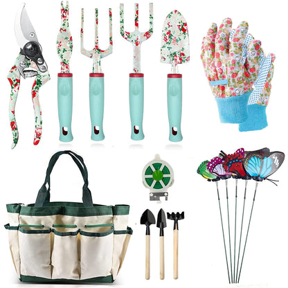 Garden Tools Set, 16 Pieces Gardening Gifts for Women & Men, Heavy Duty Floral Gardening Tools Set with Storage Bag, Ergonomic Garden Gifts Kit for Mum, Girlfriend (Green Flowers)