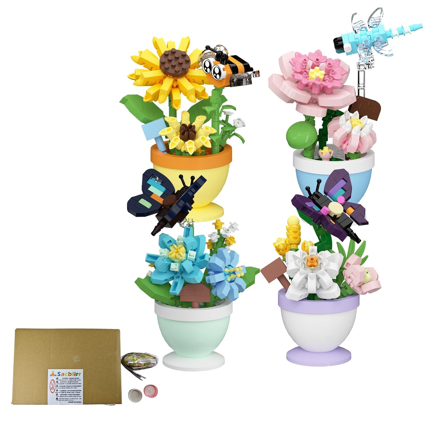Sacblirr Set of 4 Mini Flower Bonsai with Cute Insects - DIY Potted Plant Building Blocks for Kids and Adults, Botanical Collection Decor Toy