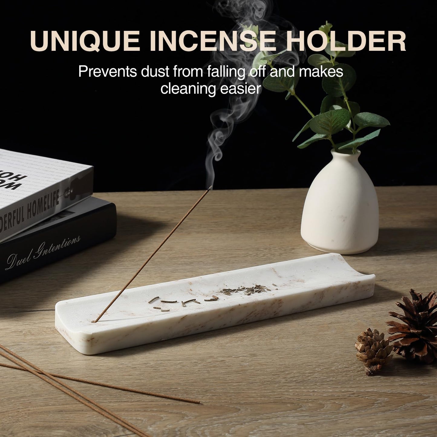 Koville Marble Incense Holder, Incense Holder for Sticks, Incense Sticks Holder Ash Catcher for Meditation Yoga SPA, Natural Stone Incense Burner, Home Table Decor (White&Gold)