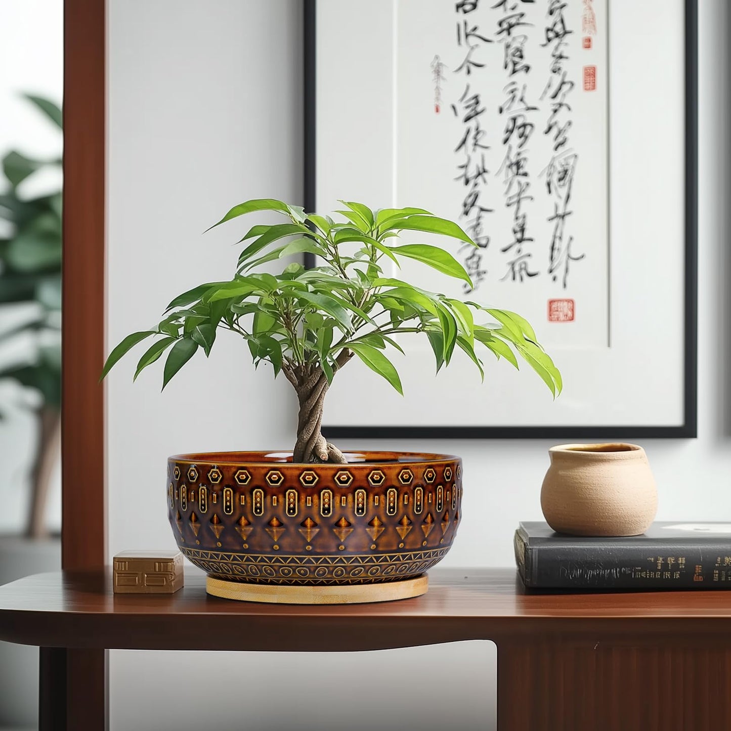 Fivepot Bonsai Pots - 8 Inch Ceramic Planter with Drainage Hole and Saucer, Boho Round Shallow Succulent Bowl for Indoor Plants Flower, Room Decor, Gifts for Plant Lovers, Brown