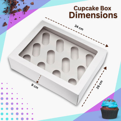 PACK N TRADE 10 Pcs cupcake boxes 12 hole - Multifunction Inserts Deep cake boxes for cupcakes – White cup cake boxes (33 x 24.2 x 7.5 cm) with Clear Window - Ideal for Muffins, Cupcakes & Pastries