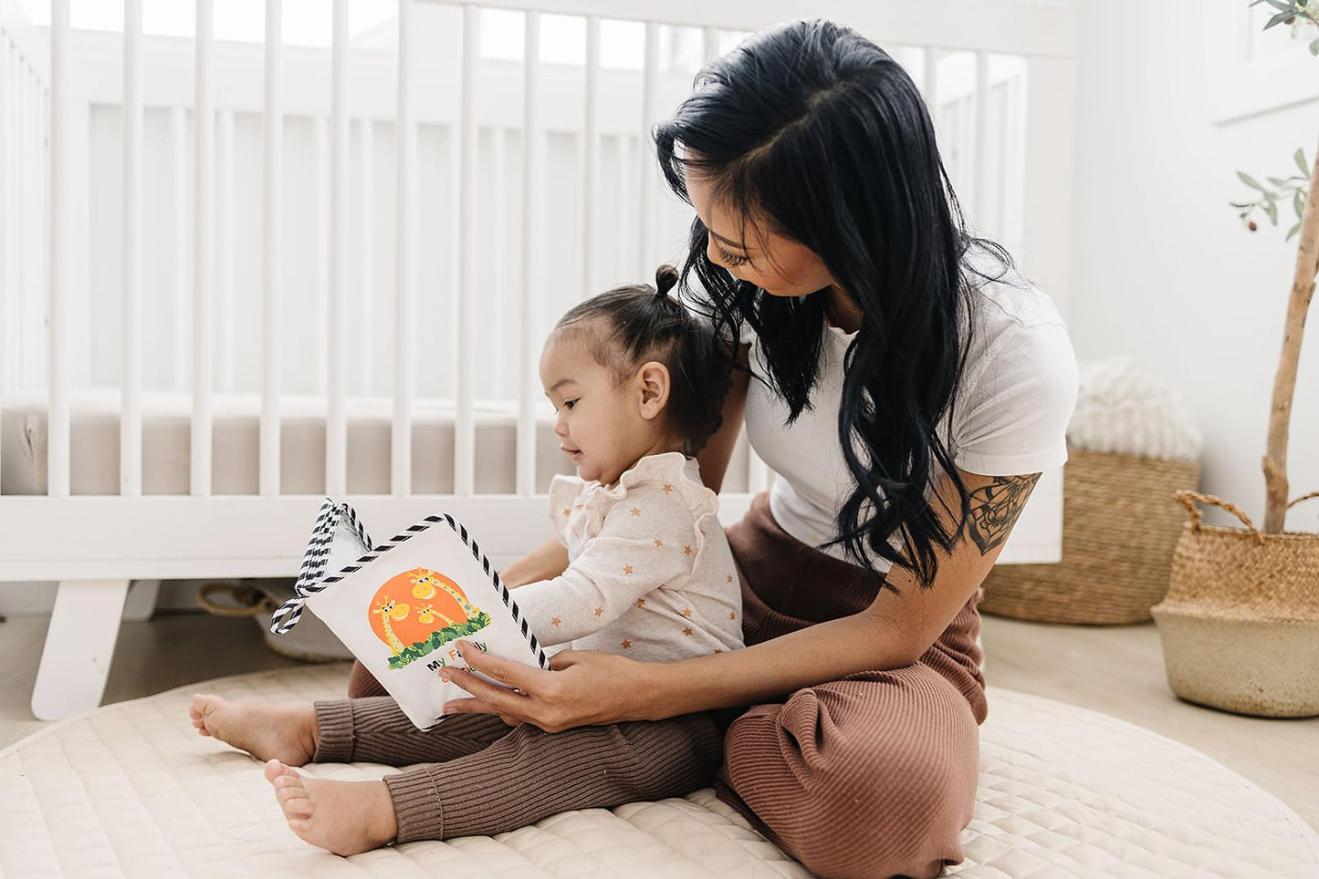 My First Photo Album for Baby with Adorable Giraffe Family, Fabric Cover, Holds 17 Photos, Wipeable Pages, Baby Safe Mirror - Soft Photo Album for Baby by Genius Baby Toys