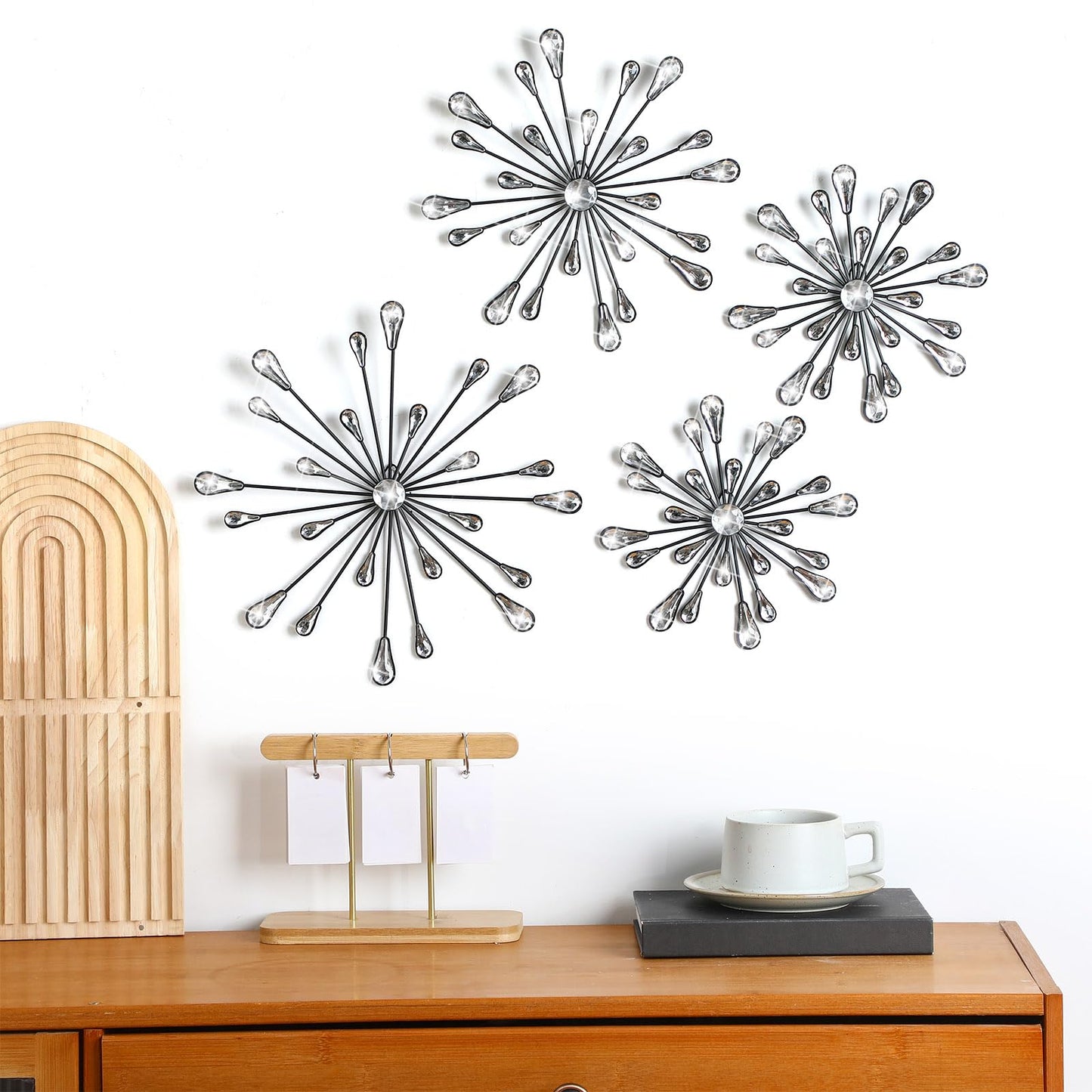 Hicarer 4 Pcs Starburst Wall Decor Bling Wall Art Crystal Teardrop 3D Hanging Rhinestone Radial Metal Artwork Modern Accent Sculptures Decorations for Living Room Home Office Bedroom(Black)