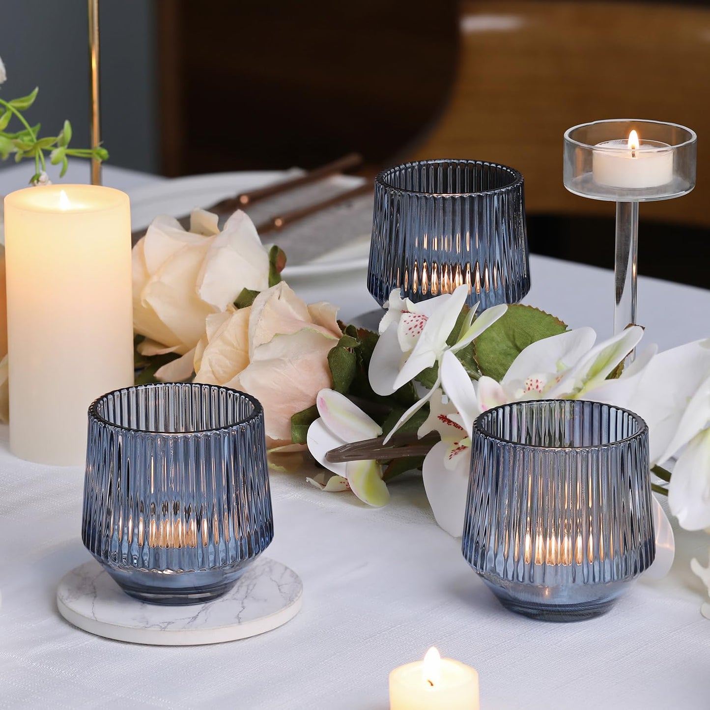 12 Pcs Large Blue Votive Candle Holders for Table Centerpieces- 3.15"×3.15" Ribbed Tea Candle Holders for Dusty Blue Wedding Decor, Bridal Shower Decorations
