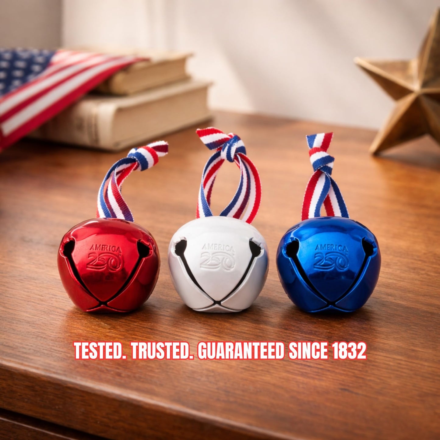 Bevin Bells Believe Sleigh Bells Ornament | America’s 250th Anniversary (3-Pack) | 1.5" Steel Jingle Bells in Red, White & Blue with Tricolor Ribbon & White Drawstring Bag | Gift Ideas | Made in USA