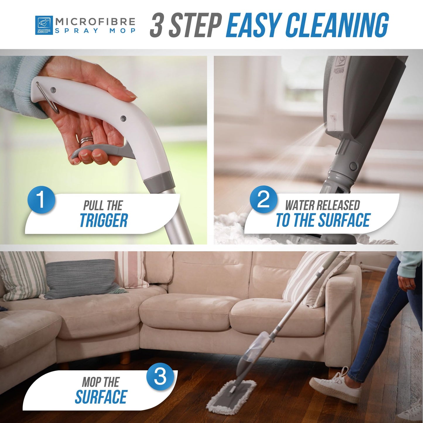 Microfibre Floor Spray Mop Dry Wet Mop Kitchen Floor Cleaning 360° Swivel Head Suitable for Cleaning Tile Laminate Hardwood Ceramic with 3 Replacement Pads, 600ML Refillable Bottle & 1 Scraper
