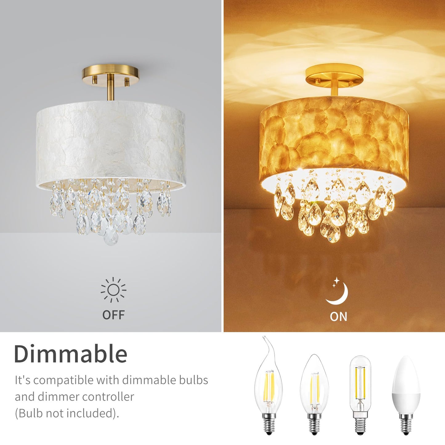LumFurn D12in Drum Capiz Shell Crystal Ceiling Light, 3-Light Coastal Style Semi-Flushmount Light Fixture for Hallway, Entryway & Bedroom, K9 Crystal & Shell Lampshade & Gold Finish Frame
