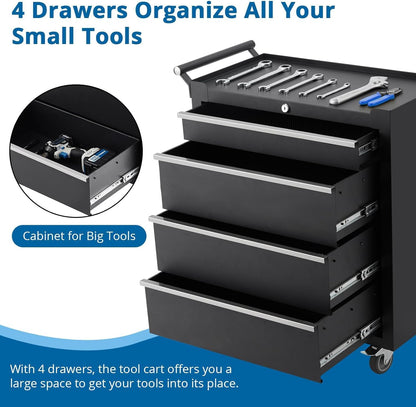 GarveeHome 4-Drawer Tool Chest, Rolling Tool Box with Wheels and Lock System, Portable Storage Rolling Tool Chest for Warehouse, Workshop & Repair Shop, Black