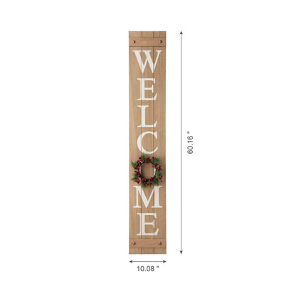Glitzhome 60”H Welcome Sign with 4 Interchangeable Floral Wreaths for Front Door Porch Farmhouse Wooden Hanging Wall Sign for Seasons Spring Fall Harvest Thanksgiving Christmas