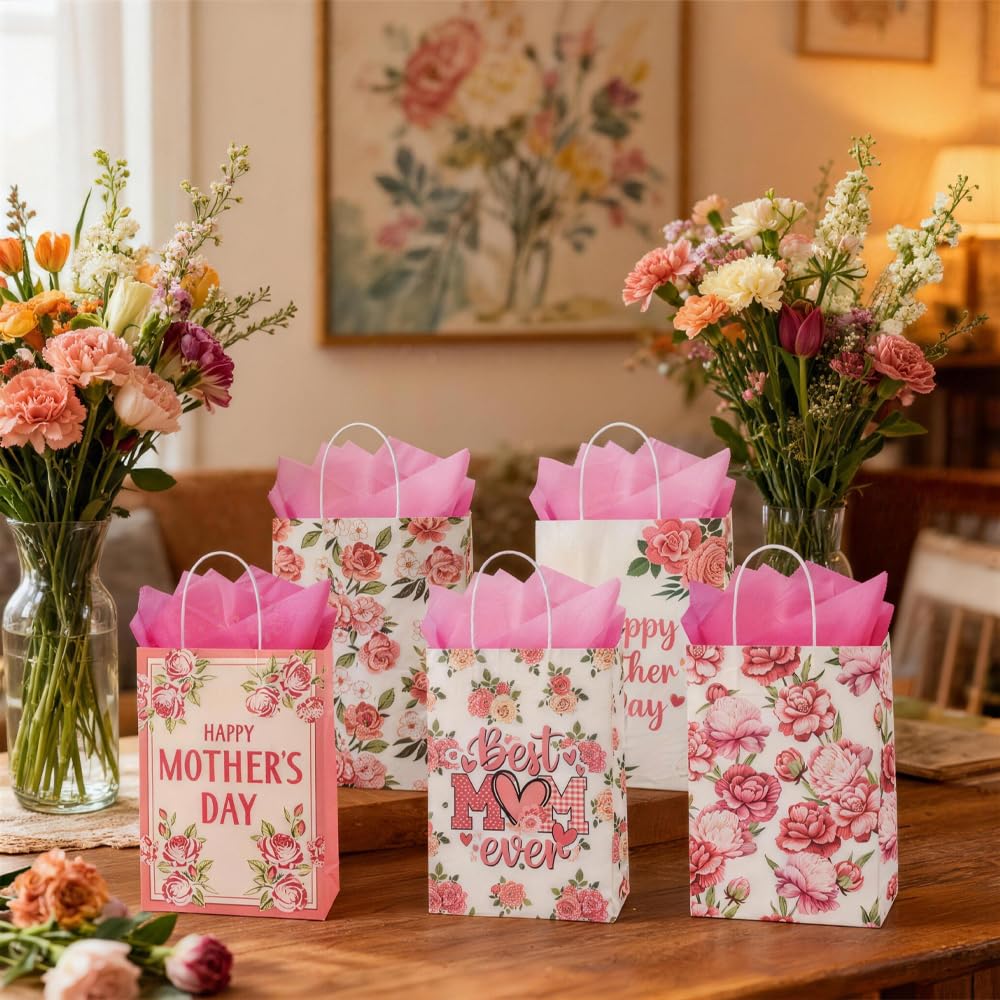 CMSSHUAI 20 Pcs Mother's Day Bags with Tissue Paper，Medium Small Mothers Day Bags with Handles Floral Mothers Paper Bags Treat Bags Candy Bags Bulk for Mom Grandma Wife Women