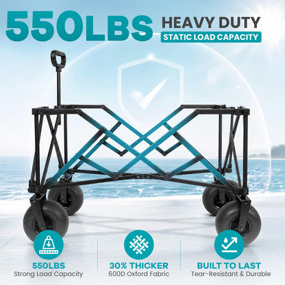 FUNDANGO Heavy Duty Beach Wagon with 9" Big Sand-Proof Wheels, 300L Large Beach Wagons with Balloon Wheel, Folding Collapsible All Terrian Cart with Side Pockets for Sports, Camping, Pump Included