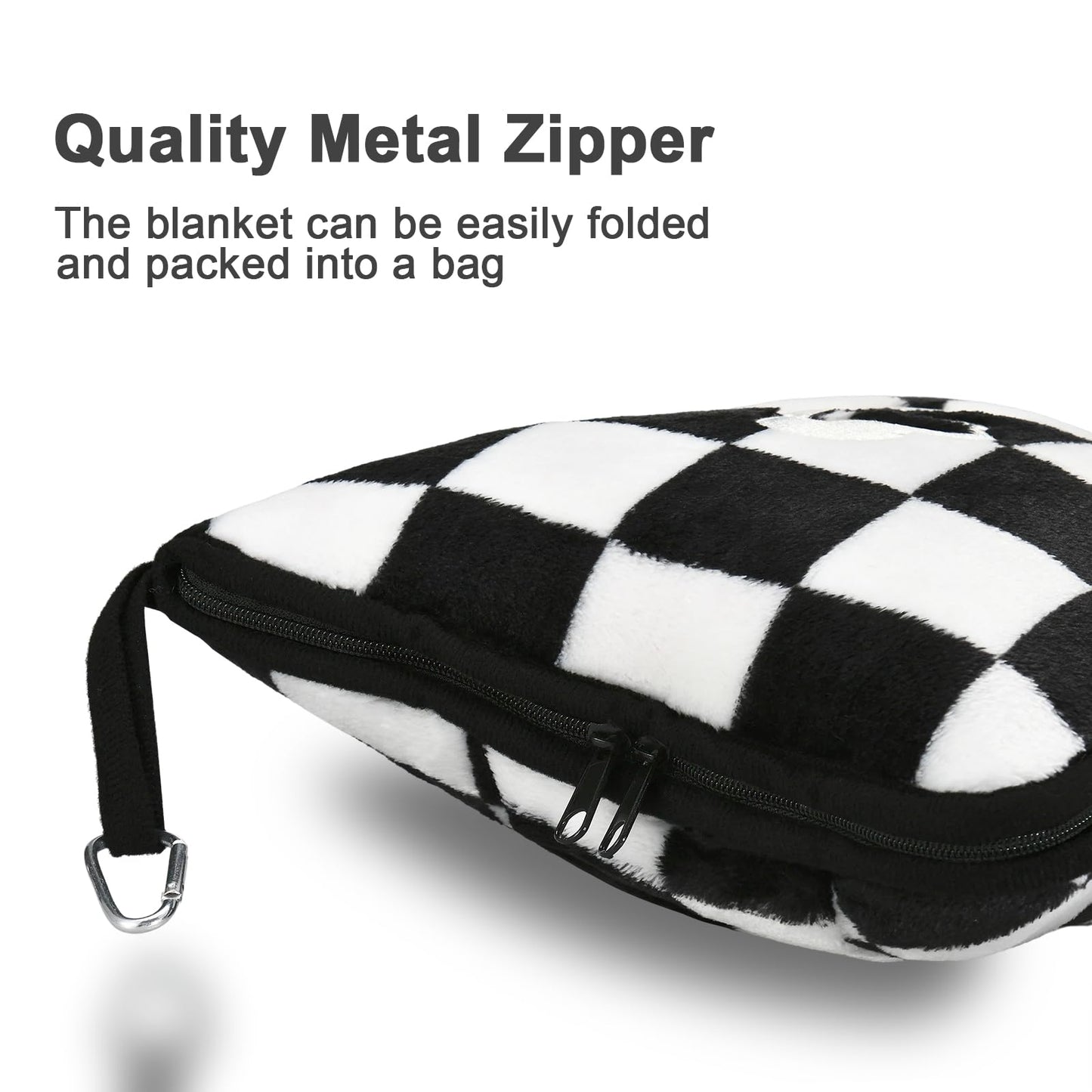 Travel Blanket and Pillow Compact, Premium Soft 2 in 1 Airplane Blanket with Soft Bag Pillowcase，Hand Luggage Sleeve and Backpack Clip (Checkered Black)