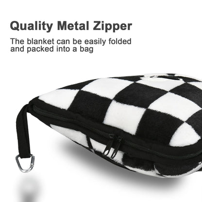 Travel Blanket and Pillow Compact, Premium Soft 2 in 1 Airplane Blanket with Soft Bag Pillowcase，Hand Luggage Sleeve and Backpack Clip (Checkered Black)