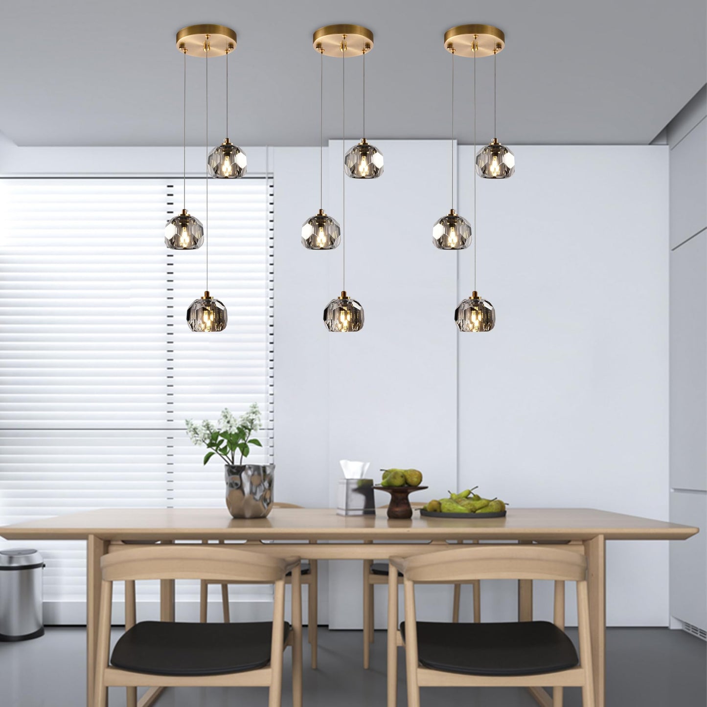 Yaskina 3-Light Prism Crystal Pendant Light, Modern Smoke Crystal Pendant Light Fixtures 9W, Triple Pendant Round Ceiling Pendant Lighting for Dining Room Kitchen Island
