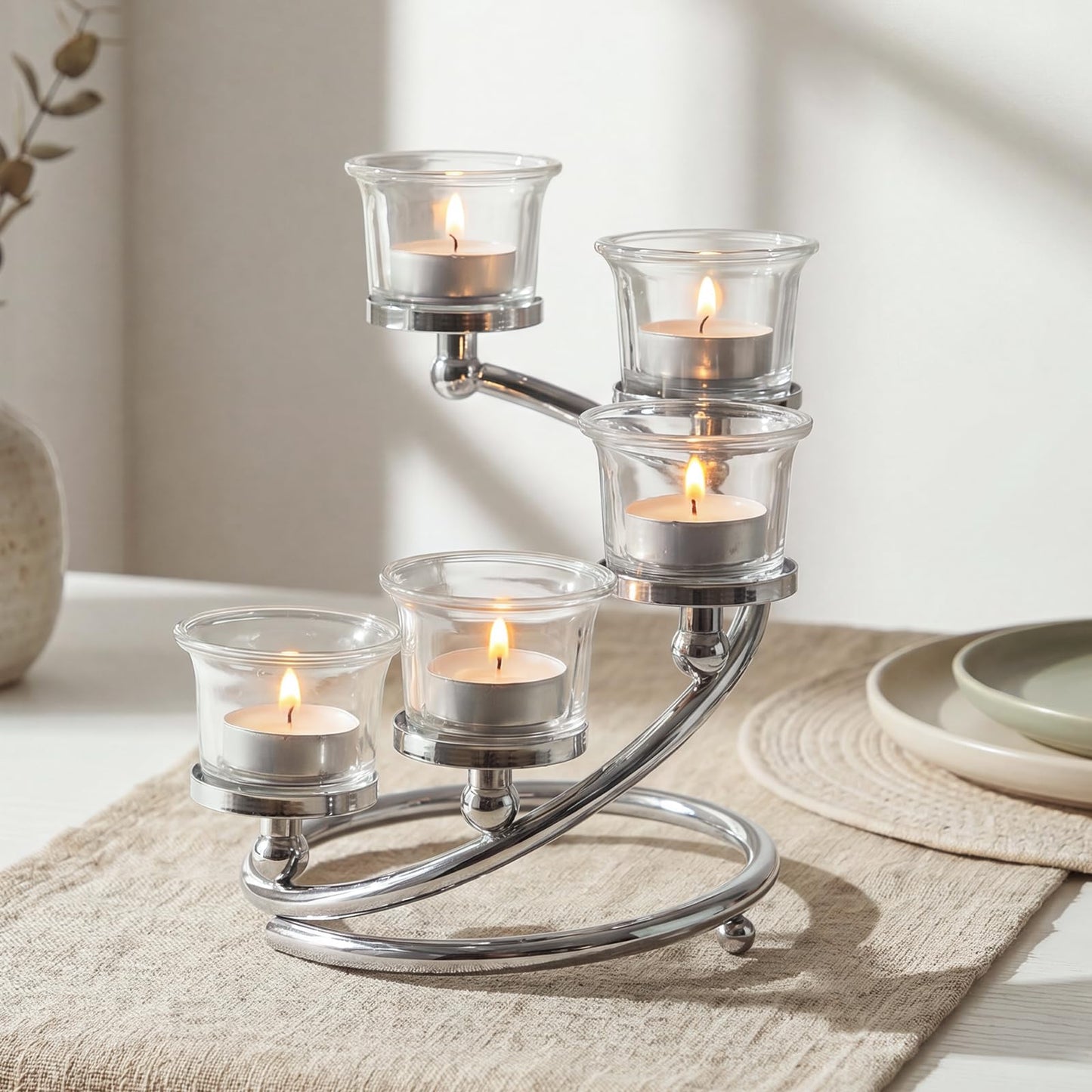 Kolnlala 1Pc Silver 5-arm Metal & Glass Tea Light Candle Holders for Table Centerpiece, Glass Votive Tealight Holders/Candelabra Candlestick Holders for Wedding,Party, Anniversary,Christmas