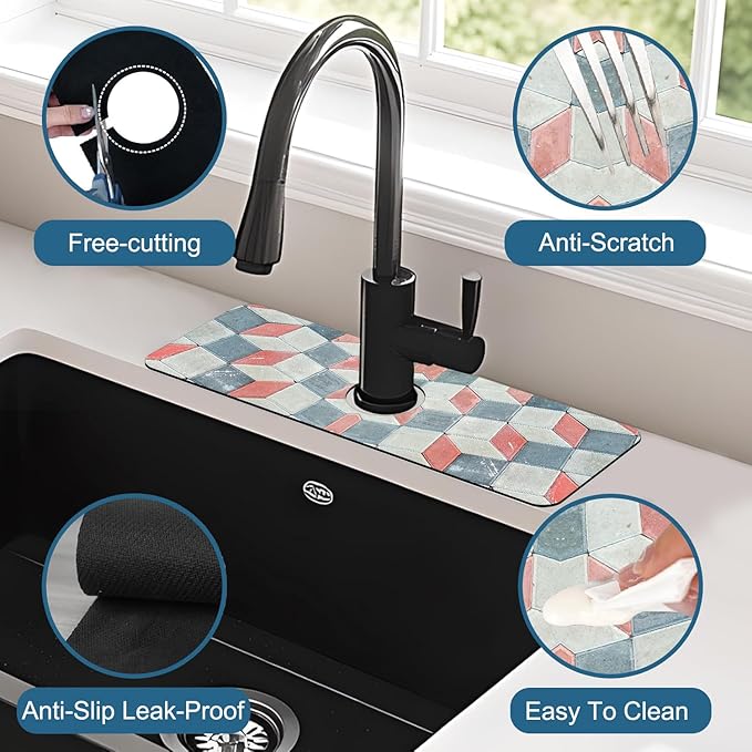 Red Gray Tile Sink Splash Guard Faucet Mat Red White Diamond Super Absorbent