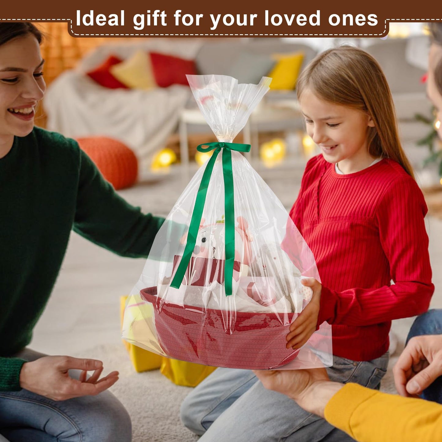 OIAHOMY Gift Basket with Handle, Small Woven Basket with Gift Bag, Ribbon and Wrap Tissue Paper, Nursery Bins Empty to Fill with Small Items, Baby, Pet Toy Organizer - Red
