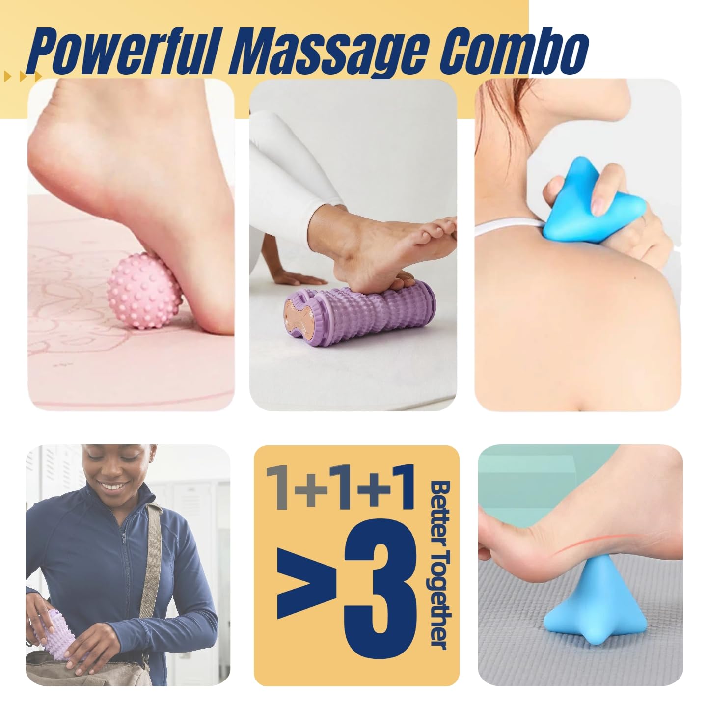 Foot Massage Ball & Foot Roller 3-in-1 Set, Plantar Fasciitis Relief, Portable Dual-Roller Massager, Stimulates & Activates Plantar Nerves, Relieves Foot Pain and Soreness, Improves Blood Circulation